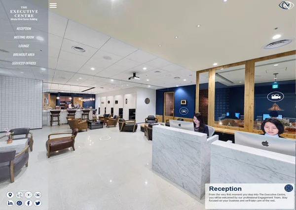 Office virtual tour of The Executive Centre Minato Mirai Japan showing cafe with green-tiled bar and marble counters