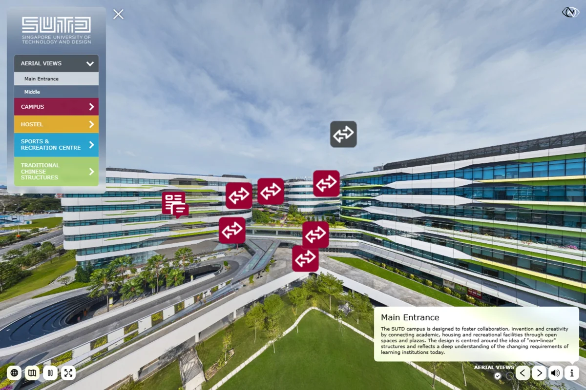 University virtual tour aerial view of SUTD campus showing modern white-finned academic buildings with landscaped courtyards