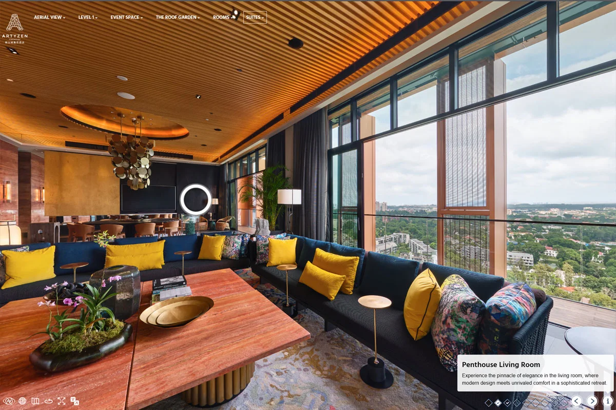 Virtual tour of Artyzen Singapore penthouse living room with blue sofas, yellow cushions, and skyline views