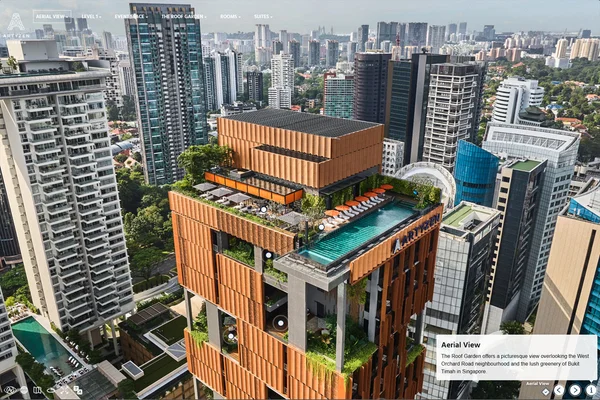 Hotel virtual tour of Artyzen Singapore showing aerial view of copper-clad tower with rooftop pool and Orchard Road cityscape