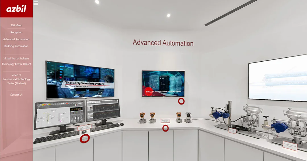 Azbil Singapore showroom advanced automation corner featuring dual screens, transmitters, and control monitors