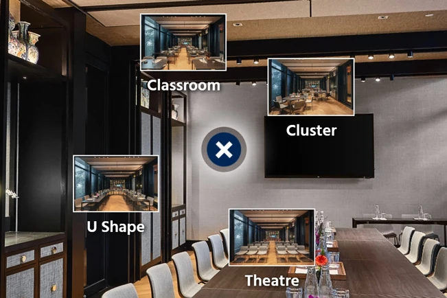 Hotel virtual tour FlexiSpot feature showing expandable hotspot with multiple options