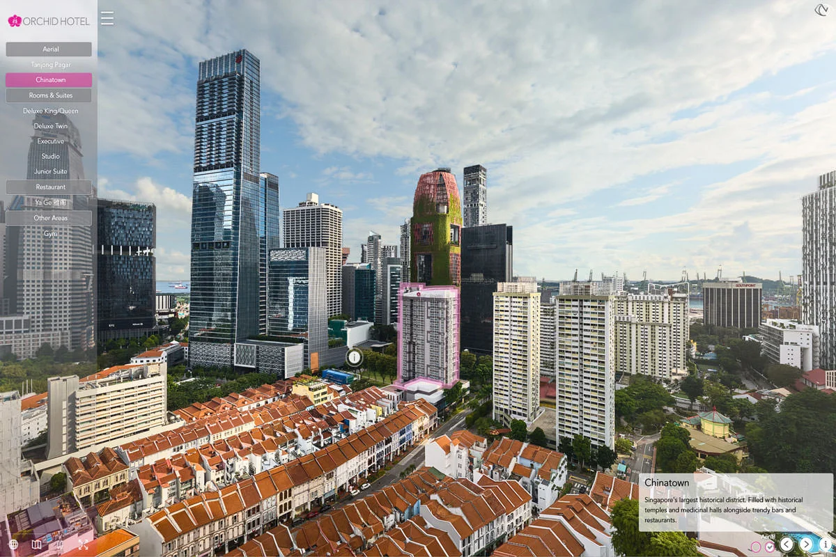Orchid Hotel Singapore elevated Chinatown cityscape with colorful high-rises, shophouse rooftops, and Tanjong Pagar towers