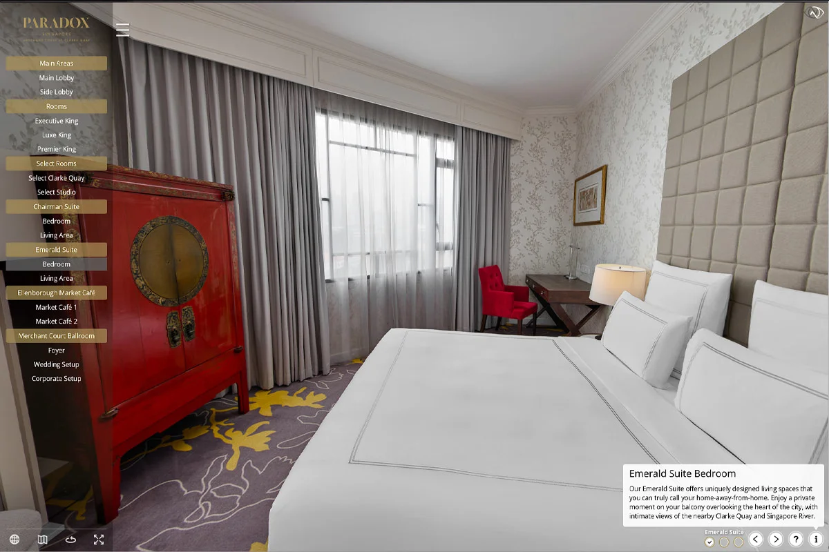Emerald Suite bedroom with red Chinese cabinet and king bed at Paradox Singapore Merchant Court Clarke Quay
