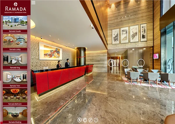 Hotel virtual tour of Ramada Singapore modern lobby with curved wood ceiling, grey sofas, and orange cushions