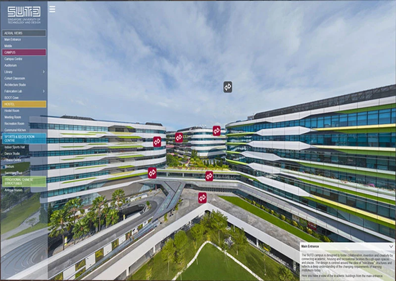 SUTD campus aerial virtual tour with interactive interface showing Singapore University of Technology and Design