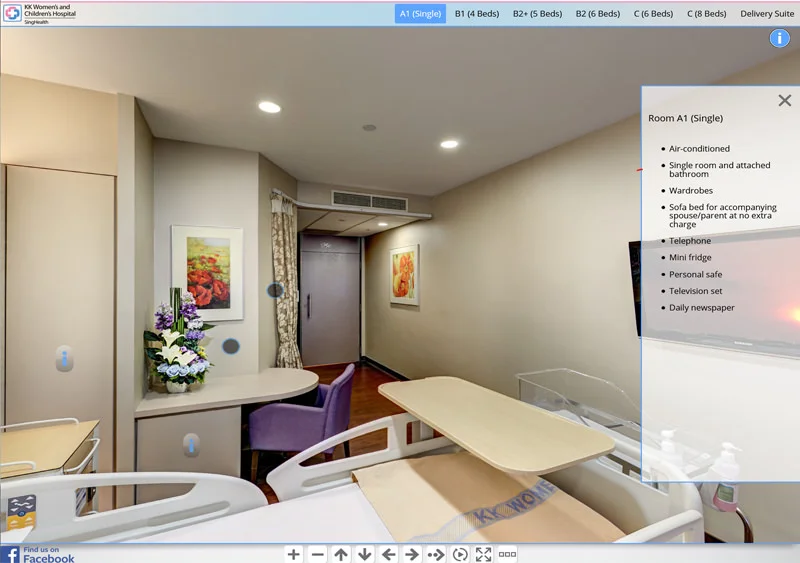 KK Womens and Childrens Hospital A1 single room with hospital bed, sofa, and floral artwork