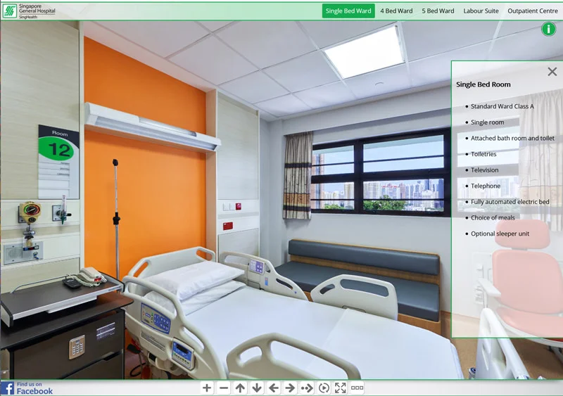 SGH Singapore General Hospital Class A single bed room with orange accent wall and city view